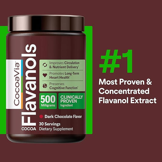 CocoaVia Cardio Health Cocoa Powder, 30 Servings, 500mg Cocoa Flavanols, Support Heart Health, Boost Nitric Oxide, Improve Circulation, Energy, Preworkout, Vegan, Dark Chocolate Cacao