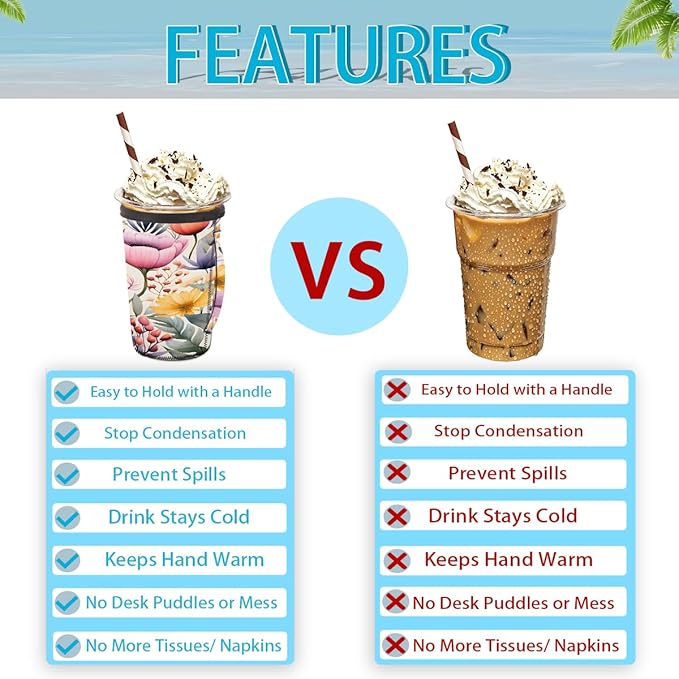 Reusable Iced Coffee Cup Sleeve Florals Neoprene Insulated Sleeves Cup Holder with handle Idea for 16oz - 18oz