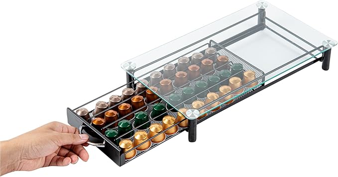Restaurantware Restpresso 15.9 x 9.3 x 2.8 Inch Coffee Capsule Drawer 1 Heavy-Duty Pod Drawer - Holds 40 Nespresso Capsules Glass Top Iron Espresso Pod Organizer Mesh Tray Pods Not Included