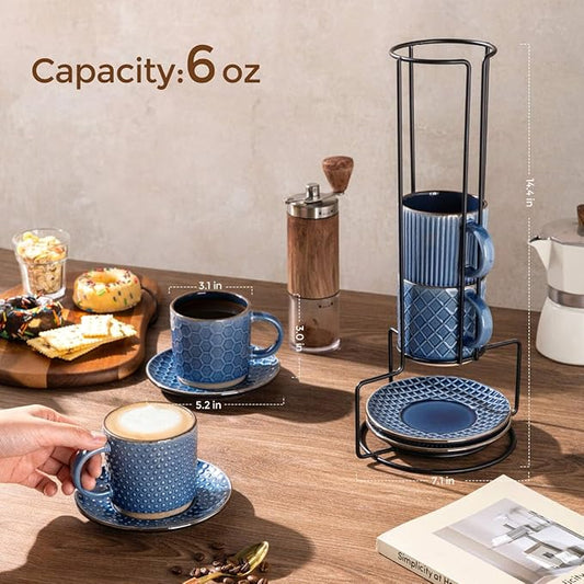 GBhome 6OZ Stackable Coffee Mugs with Stand and Saucer, Ceramic Coffee Mugs Set of 4 with Texture Patterns for Man,Woman,Dad,Mom, Modern Coffee Cups for Latte/Espresso. Dishwasher&Microwave Safe, Blue