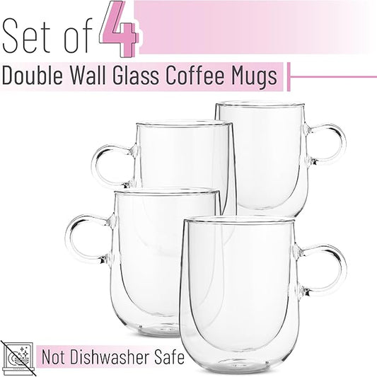 BTaT- Double Walled Glass Coffee Mugs, 16 oz, Set of 4, Glass Coffee Cups with Handle, Insulated Clear Coffee Mug for Hot and Cold Beverages, Cappuccino, Latte, Tea, Americano, Microwave Safe