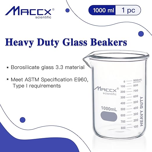 34oz(1000ml) New Upgraded Glass Beakers, Heavy Duty Lab Beaker,3.3 Borosilicate with Double Scale, HDBK1K0-001