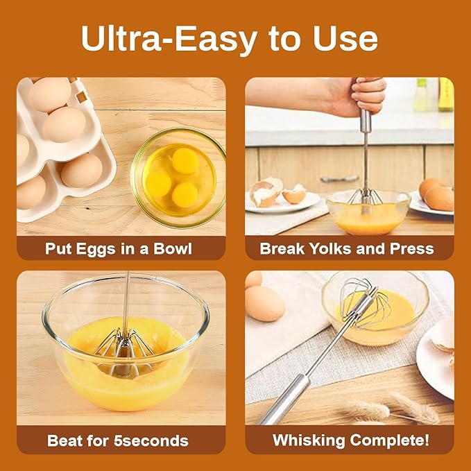Stainless Steel Semi-Automatic Whisk, 2025 Upgraded Stainless Steel Egg Whisk Hand Push Rotary Whisk, Hand Push Mixer Stirrer Tool for Cooking Kitchen Home Egg Milk (14in)