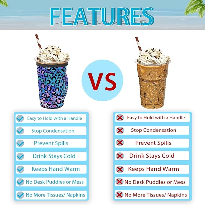 Purple And Blue Leopard Reusable Insulator Coffee Sleeves for Drinks Beverages, Neoprene Holder with Handle for Most Coffee or Ice Drink, 16-18oz