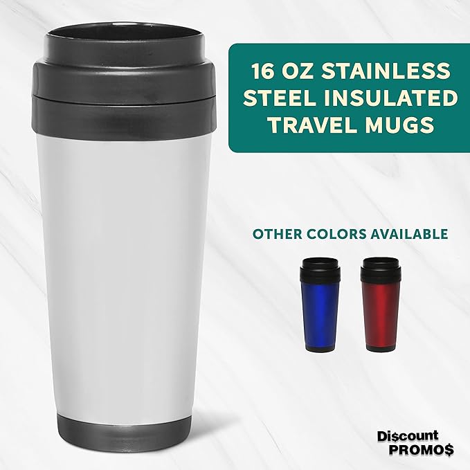 DISCOUNT PROMOS Insulated Stainless Steel Travel Mugs 16 oz. Set of 10, Bulk Pack - Perfect for Iced Coffee, Soda, Other Hot & Cold Beverages - Stainless Steel