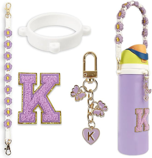 Compatible with Owala Water Bottle Accessories, Cute Letter Charm Set with Boho Handle Strap, Monogram Sticker, Silicone Ring, Keychain Decoration, for FreeSip 24 32 40oz, Owala Kids, Tumbler Gift
