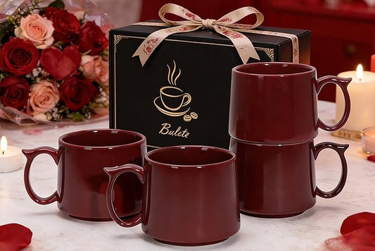 Coffee Mugs Gift Set of 4, Large 19 oz Stackable Ceramic Coffee Mug, Coffee Cups with Large Handle for Latte, Cappuccino, Milk, Tea, Dishwasher & Microwave Safe, Ideal Gift for Men, Women - Red