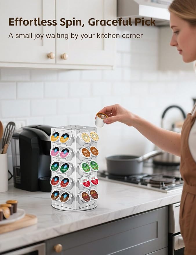 K Cup Holder, Coffee Pod Holder for Keurig – 360° Rotating Aluminum Coffee Organizer for Countertop,Saving Design with Anti-Slip Base for Kitchen or Office,Capacity of 40 Pods (Silver)