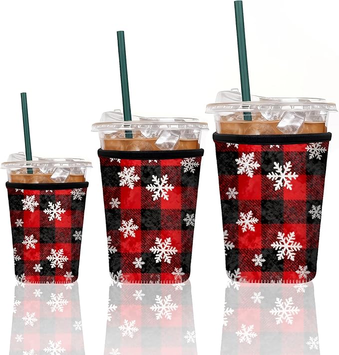 Neoprene Iced Coffee Sleeve 3 Pack, Reusable Insulated Cup Holder with Red Buffalo Plaid Snowflake Pattern, Fits 16–32 oz Tumblers, Compatible with Starbucks & Dunkin