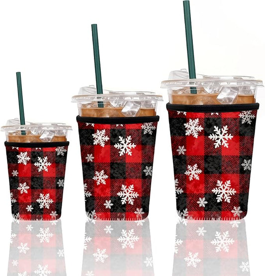 Neoprene Iced Coffee Sleeve 3 Pack, Reusable Insulated Cup Holder with Red Buffalo Plaid Snowflake Pattern, Fits 16–32 oz Tumblers, Compatible with Starbucks & Dunkin