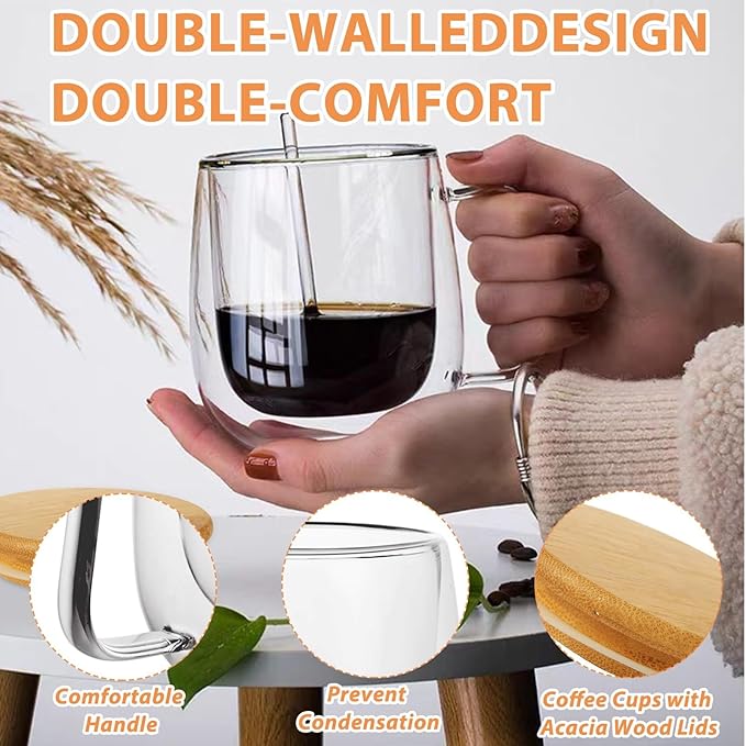 STARVAST 12 OZ Double Walled Glass Coffee Mugs, Glass Coffee Cups with Acacia Wood Lid Set of 4, Clear Espresso Cups with Handle, Perfect For Cappuccinos,Latte and Tea