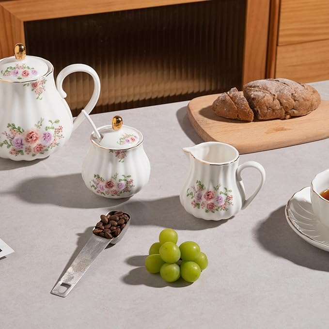 Sweejar Royal Ceramic Sugar and Creamer Set, 3 Piece Set with Cream Pitcher, Sugar Bowl, Sugar Set with Lid & Spoon, Coffee Serving Set Wedding Gift (Rose Flower)