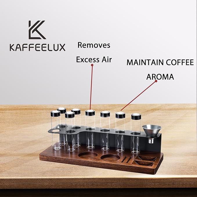 8-Piece Vacuum Coffee Canister Set with Wooden Storage Stand – Airtight Jars + Funnel for Coffee Enthusiasts & Home Cafés | Countertop Bean/Tea Freshness Organizer
