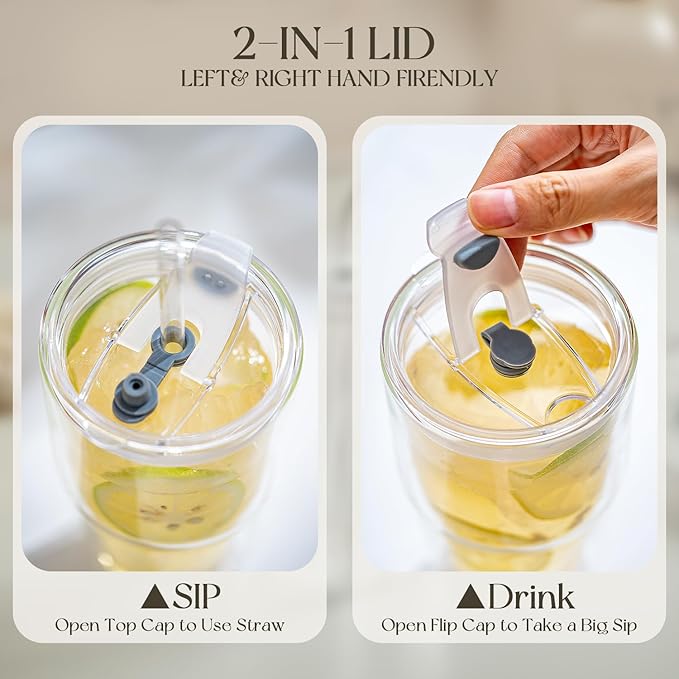 16oz Clear Double Wall Drinking Glass Cups with Lids and Straws, 2 Pc Set – Condensation Resistant Insulated Glass Can Tumblers for Cold Drinks,Iced Coffee,Tea,Juice and Mixed Drinks Cleaning Brush