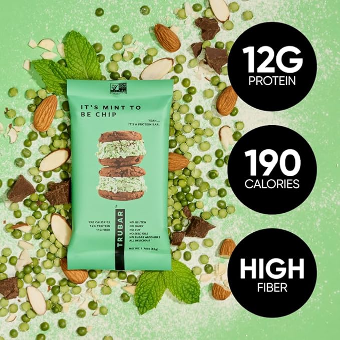 TRUBAR Vegan Protein Bars - Soy Free, Dairy Free, Gluten Free Protein Bars - No Sugar Alcohols - Non-GMO - 12g of Protein - It's Mint To Be Chip - 12 Count