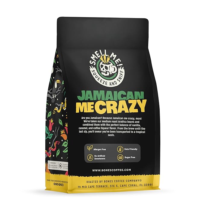 Bones Coffee Company Jamaican Me Crazy, Vanilla Caramel Flavored Coffee, Medium Roast Low Acid Arabica Beans Compatible with Auto drip and French Press Coffee Maker, 12 Oz Ground