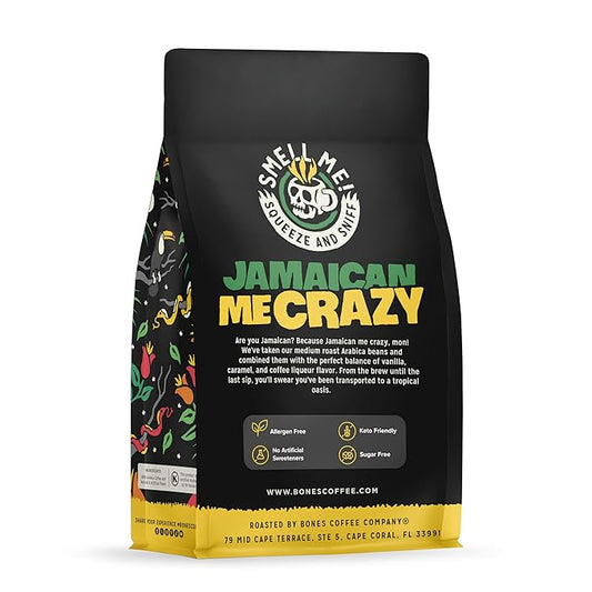 Bones Coffee Company Jamaican Me Crazy, Vanilla Caramel Flavored Coffee, Medium Roast Low Acid Arabica Beans Compatible with Auto drip and French Press Coffee Maker, 12 Oz Ground