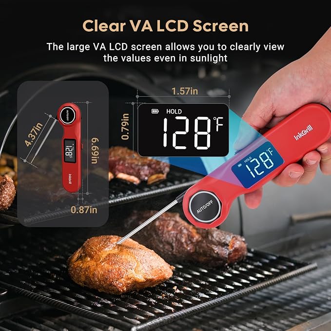 InkGrill Rechargeable 0.5 Seconds Instant Read Meat Thermometer for Cooking, ±0.5℉ Accuracy Digital Food Thermometer with Large Screen, Waterproof Kitchen Thermometer Magnets for Grilling Frying BBQ