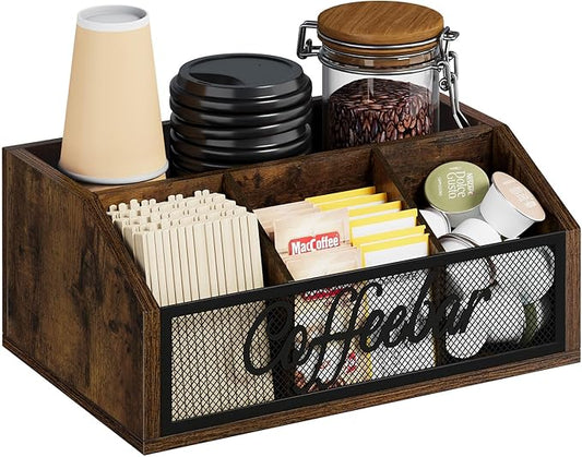 YINMIT Coffee Station Organizer for Countertop, Wood Coffee Bar Organizer with Removable Dividers for Pods, Syrup, Cups, Stirrer, Tea - Office Coffee Bar Accessories