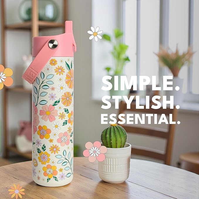 Elemental 24oz Insulated Water Bottle with Straw - 100% Leak-Proof Stainless Steel Core Water Bottles for Travel, Sports and Gym - Double Wall Insulation & BPA Free - Blossom Luxe
