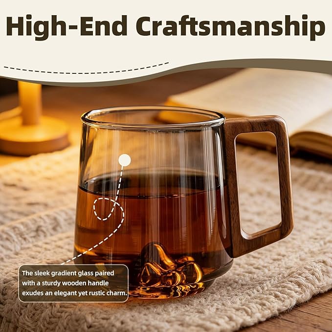 Gray Glass Slanted Coffee Cups with Wooden Handle, 15.2oz Large Glass Mugs with Handle, 3D Mountain Bottom Clear Coffee Mugs for Café & Tea Lovers, Vintage Style Wood Handle Mug for Home, Gift
