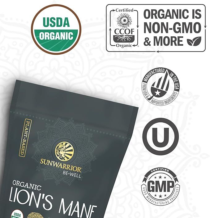 Sunwarrior Lions Mane Supplement Organic Mushroom Powder | Lion's Mane Powder Focus Supplement Mushroom Tea | 150g Pouch 60 Servings | Be Well