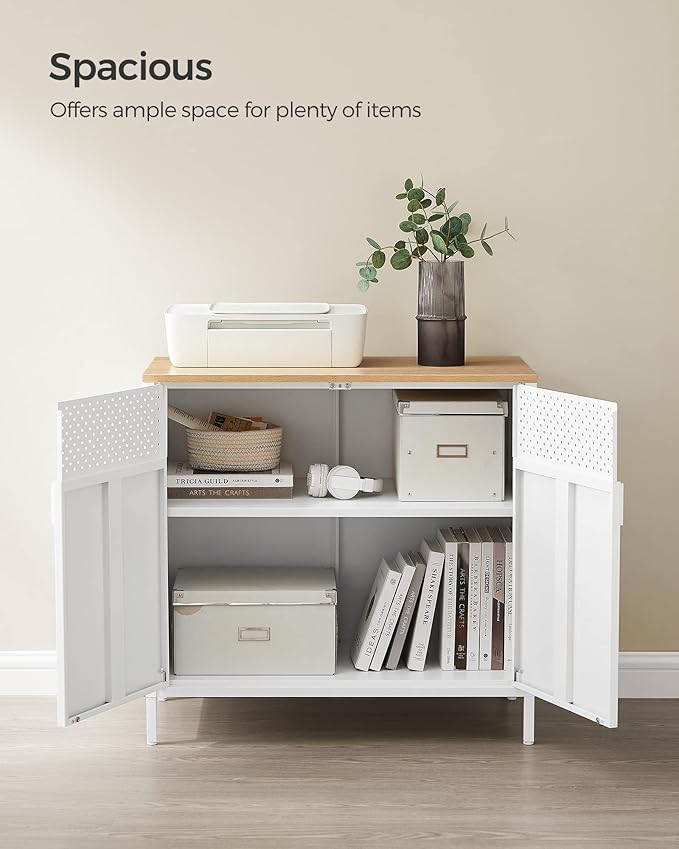 SONGMICS Set of 2 Storage Cabinets, Metal Cabinet, Sideboard with 2 Doors, 15.7 x 31.5 x 29.9 Inches, Magnetic Closure, Adjustable Shelf, Steel Frame, Natural Beige and White ULSC791W01