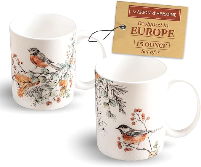 Maison d' Hermine Coffee Mug with Handles Fine Bone China Mugs Pack of Two Tea Cups for Hot Beverages Cappuccino Latte Home Restaurant Office Perfect for Gift (Whitish Shabby Chique, 15 Ounce)