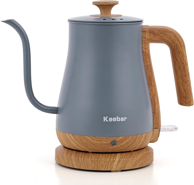 Gooseneck Electric Kettle, Electric Tea Kettle Stainless Steel, Electric Kettle for Coffee, 1000W Kettle Electric Auto Shut Off, 0.8L, Wood-like Grain Finish Handle, Gray