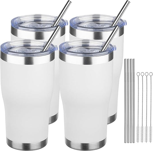 MEZMUT 20oz Coffee Tumbler with Lid and Straw Double Wall Vacuum Insulated Cup Stainless Steel Travel Mugs Insulated for Hot Cold Leakproof Powder Coated Tumbler for Indoor Outdoor(White, 4)