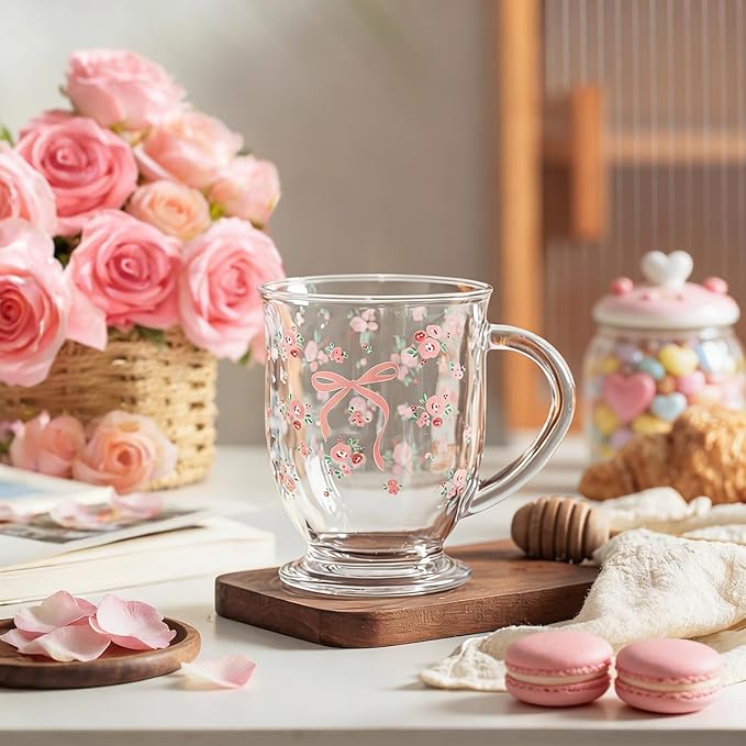 KEMORELA 16oz Valentine's glass coffee mugs Set of 2, Cute Pink Bow glass cup with Handle, Romantic Mug, Sweet Valentine's Gifts for Couple Drinking Glasses for Valentines Party- Dishwasher Safe