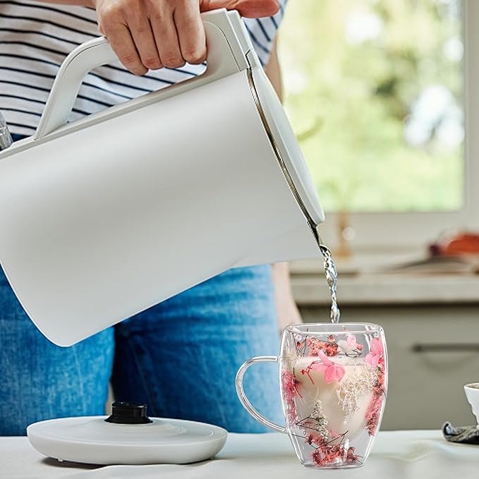 Flower Glass Double Wall Glass - 350ml Aesthetic Dried Flowers Double Wall Glass Coffee Mugs | Clear Glass Cups With Handle,Anti-Scalding Coffee Cups For Hot Beverages,Tea Or Coffee