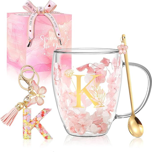 Personalized Gifts for Women Double Wall Flower Glass Coffee Mug Tea cup With Spoon Monogrammed Customized Gifts Birthday Christmas Valentine Mother's Day Gift for Mom Her Wife Friends Bride Sister(K)