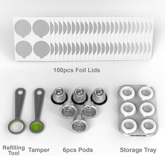 Reusable Capsules for Nespresso OriginalLine - 6pcs Refillable Coffee Pods,Stainless Steel Cups Compatible for Nespresso OriginalLine Machine (6Pods+100pcs Lids+Storage Board)