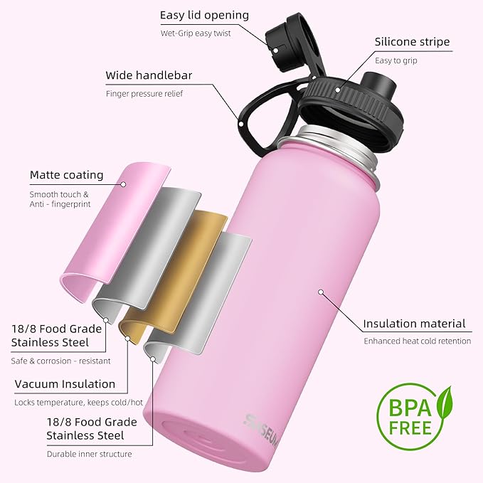 SASEUM Sport Water Bottle 32oz Stainless Steel Double Wall Vacuum Thermal Mug with Leak Proof Spout Lids, Wide Mouth Metal Insulated Water Jug for Gym and Travel（Pink）