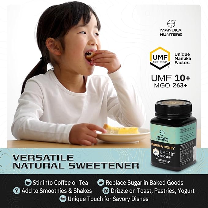 Manuka Hunters UMF 10+/MGO 263+ Certified New Zealand Manuka Honey - 100% Pure Natural Sweetener - Gluten, Dairy Free - Ideal for Tea, Coffee, Smoothies, and Baking - Sustainable - 1.1lb/500g Jar