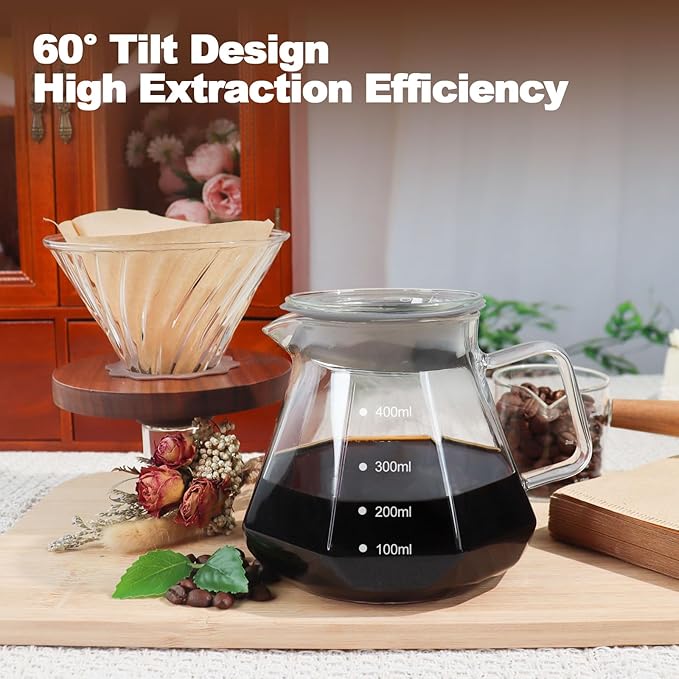 Pour Over Coffee Maker Set 400ml 13.5oz Portable with 50 Pcs Filter Paper Glass Coffee Maker High Borosilicate Glass Eagle Beak Spout Design Walnut Wood Base for Pour Over for Daily Brewing