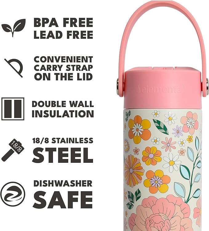 Elemental 24oz Insulated Water Bottle with Straw - 100% Leak-Proof Stainless Steel Core Water Bottles for Travel, Sports and Gym - Double Wall Insulation & BPA Free - Blossom Luxe