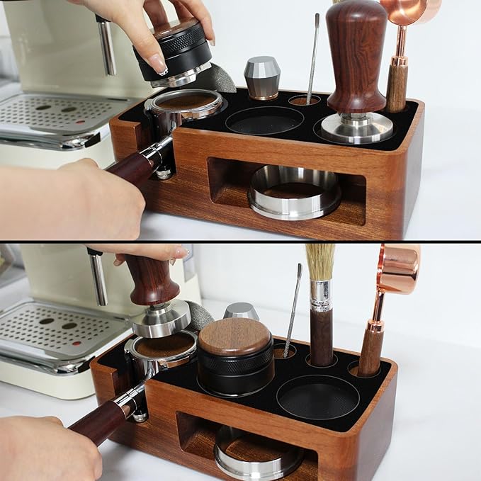 Espresso Tamping Station,9 in 1 Espresso Station,Multifunctional Tamper Station Fit for 51/54mm Espresso Accessories,Wooden Espresso Station,Adjustable Height Portafilter Holder (Red Black, 51mm-58mm)