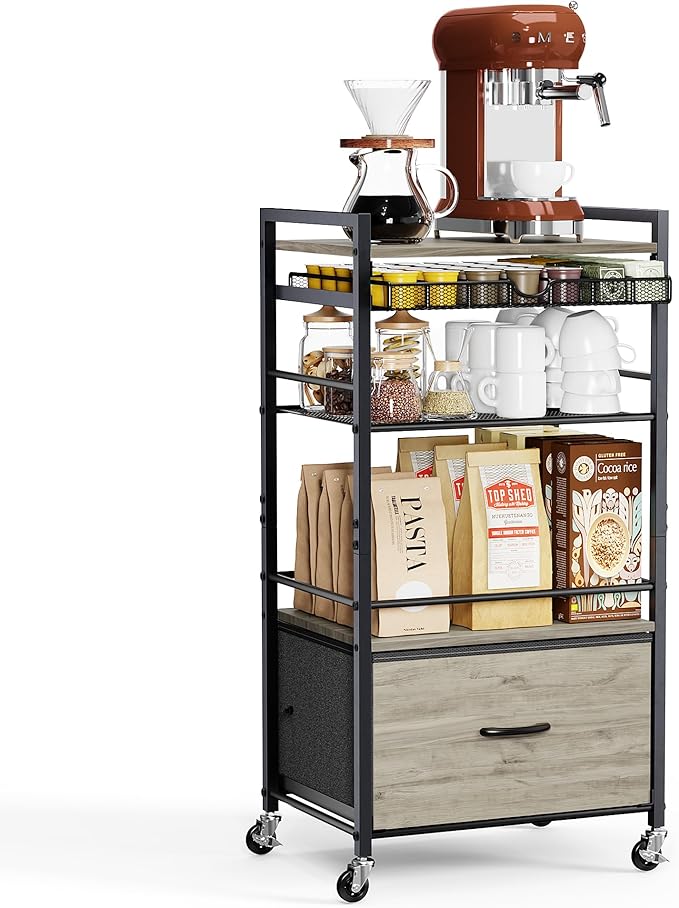 Coffee Bar Cabinet with Storage，5 Tier Coffee Station Table on Wheels, 33.6" H Cart with Drawer for Home Kitchen, Liquor Buffet Sideboard Cabinet (Black)