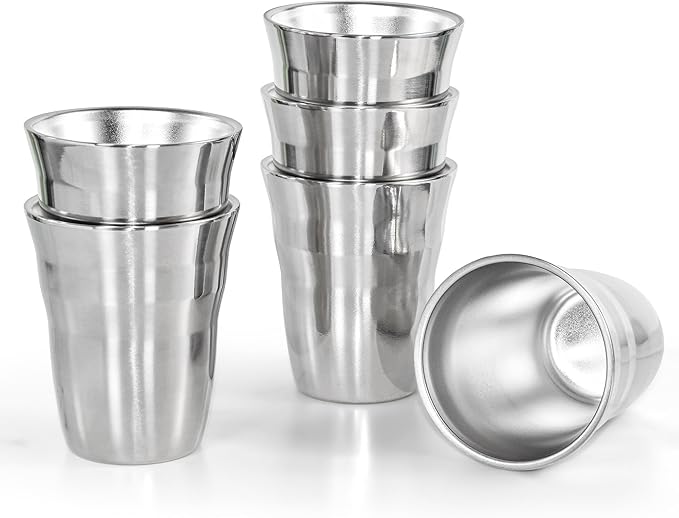 AGH 6 Pack Stainless Steel Cups for Kids, Metal Cups 9 oz Double Layer Insulated Pint Cup, Camping Tumbler Reusable Stackable Cup for Party Outdoor (Bright Silver)