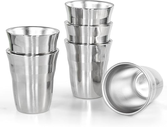 AGH 6 Pack Stainless Steel Cups for Kids, Metal Cups 9 oz Double Layer Insulated Pint Cup, Camping Tumbler Reusable Stackable Cup for Party Outdoor (Bright Silver)