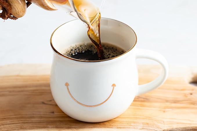 Elegant Gold-Accented Smiley Face Ceramic Mug - 13 Oz, Unique & Thoughtful Gift for Coffee Lovers, Eco-Friendly, Durable - Ideal for Home or Office