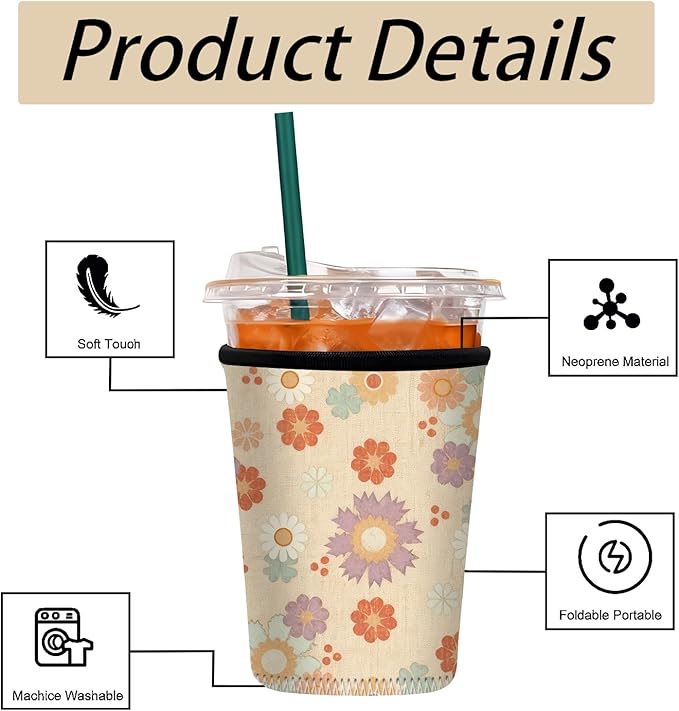 Neoprene Iced Coffee Sleeve 3 Pack, Reusable Insulated Cup Holder with Vintage Floral Pattern, Fits 16–32 oz Tumblers, Compatible with Starbucks & Dunkin