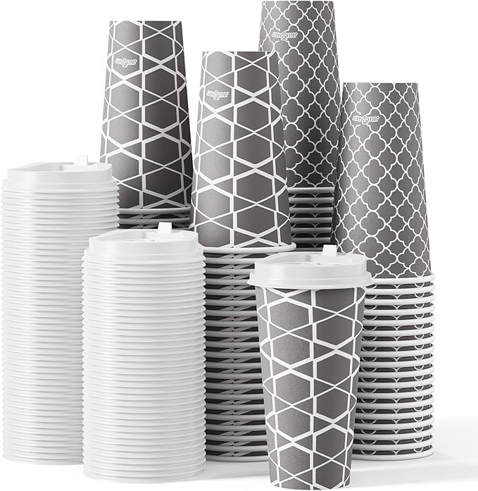 JOLLY PARTY Disposable Coffee Cups with Lids -20 oz (100 Sets) To Go Cups, Paper Coffee Cups for Beverages Espresso Tea, Suitable for Cafes, Offices and Home