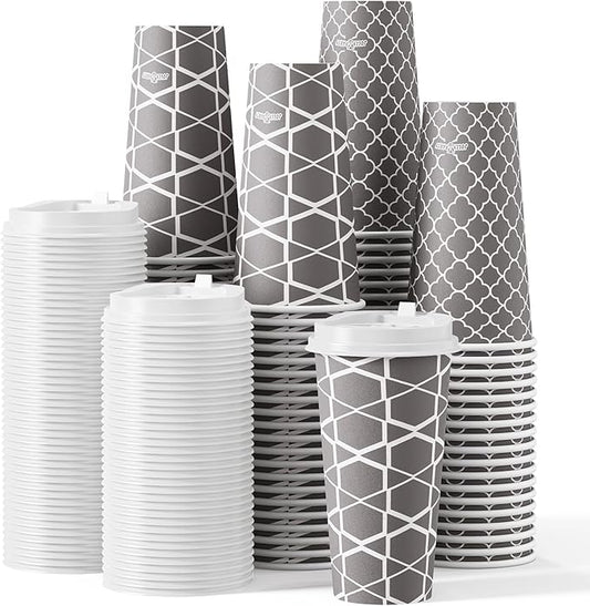 JOLLY PARTY Disposable Coffee Cups with Lids -20 oz (100 Sets) To Go Cups, Paper Coffee Cups for Beverages Espresso Tea, Suitable for Cafes, Offices and Home