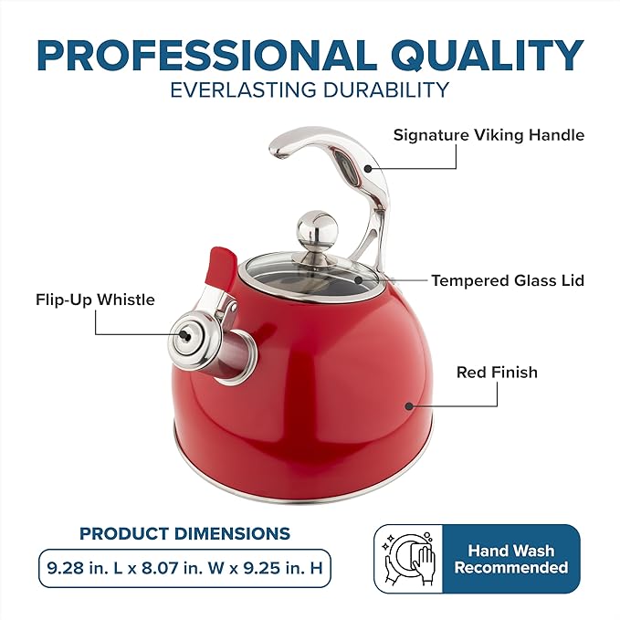 Viking 3-Ply Stainless Steel Tea Kettle, 2.6 Quart Stovetop Hot Water Pot with Tempered Glass Lid, Ergonomic Handle, Induction Ready, Red