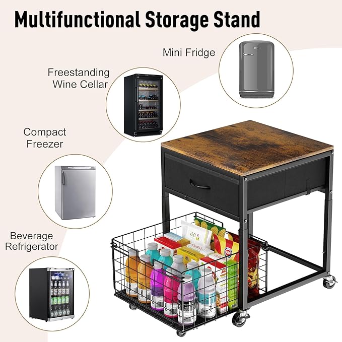 Housolution Mobile Mini Fridge Stand with Storage, Height-Adjustable Mini Beverage Fridge Table, Coffee Bar, 200 lbs Heavy-Duty Compact Refrigerator Shelf with Rolling Cabinet for Kitchen Home Office