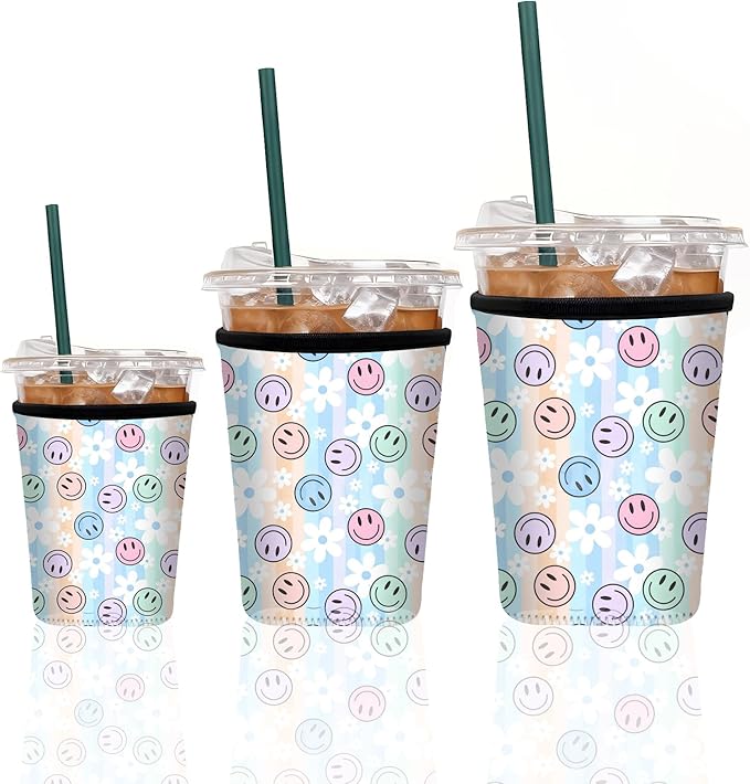 Neoprene Iced Coffee Sleeve 3 Pack, Reusable Insulated Coffee Cup Sleeves with Cute Smiley Face & Daisy Pattern, Fits 16–32 oz Tumblers, Compatible with Starbucks & Dunkin