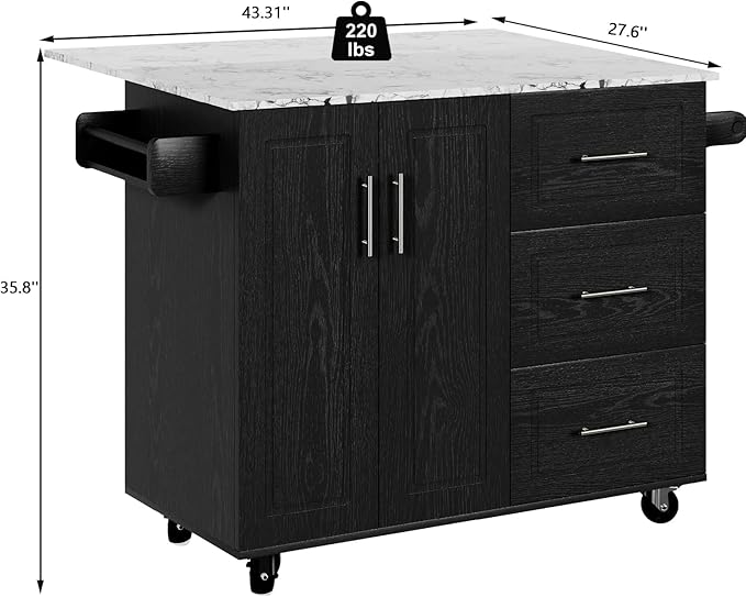 4 EVER WINNER Kitchen Island on Wheels, Island Table for Kitchen with Towel Rack & Spice Rack, Marble Tabletop, Kitchen Island with Drop Leaf, Black
